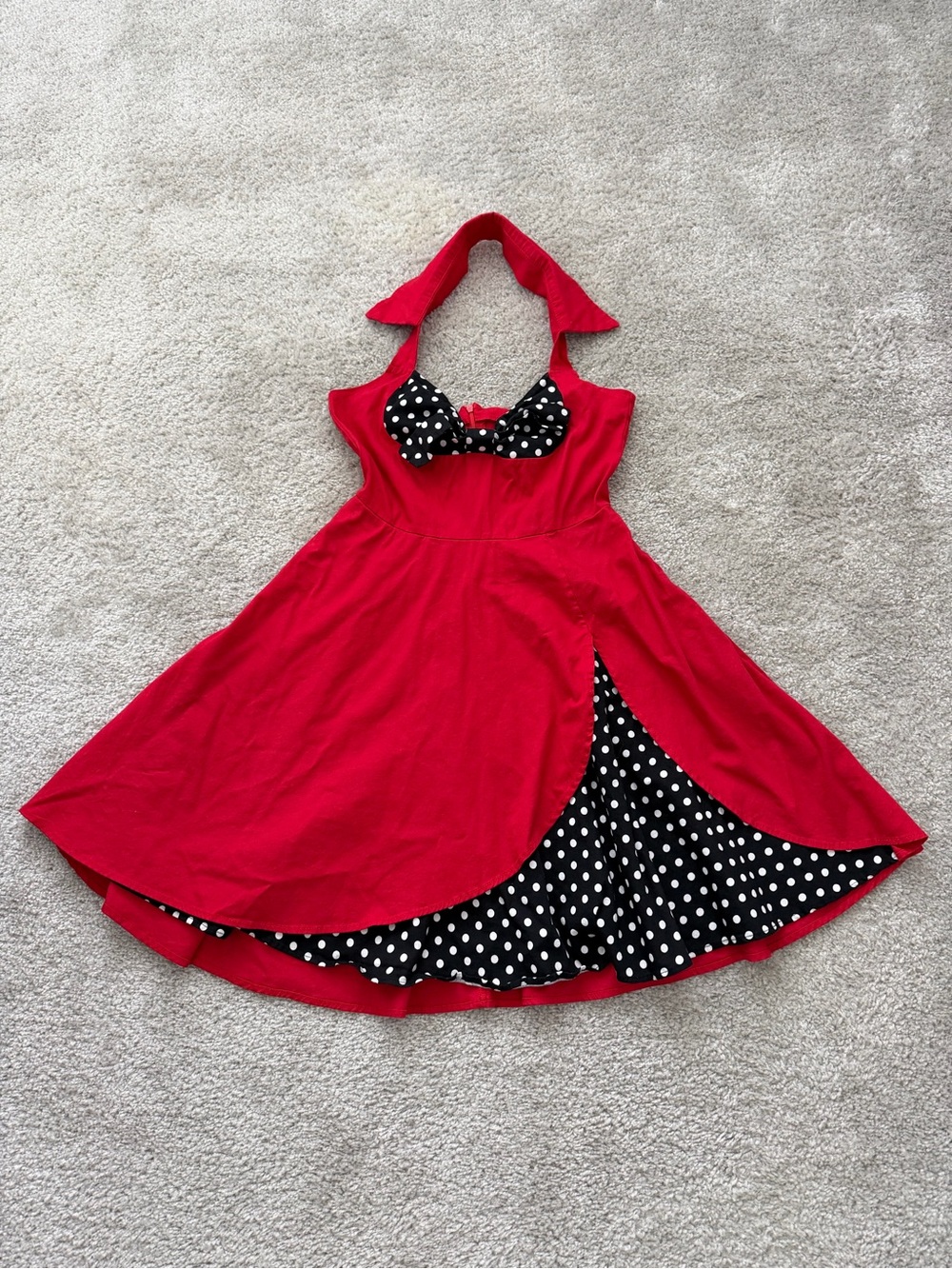 Vintage inspired 1950s Style Red & Black Polka Dot Rockabilly Halter Swing Dress